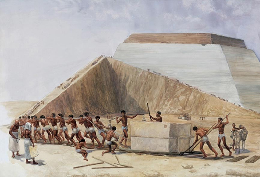 Illustration of ancient Egyptian pyramid builders moving large stone blocks across the desert under supervision, with the Great Pyramid in the background.