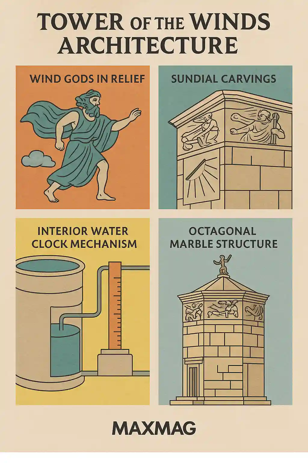 Infographic titled "Tower of the Winds Architecture" featuring labeled illustrations of the octagonal tower, wind deities, internal water clock mechanism, sundials, and the bronze weather vane atop the roof, with the MAXMAG logo at the bottom center.