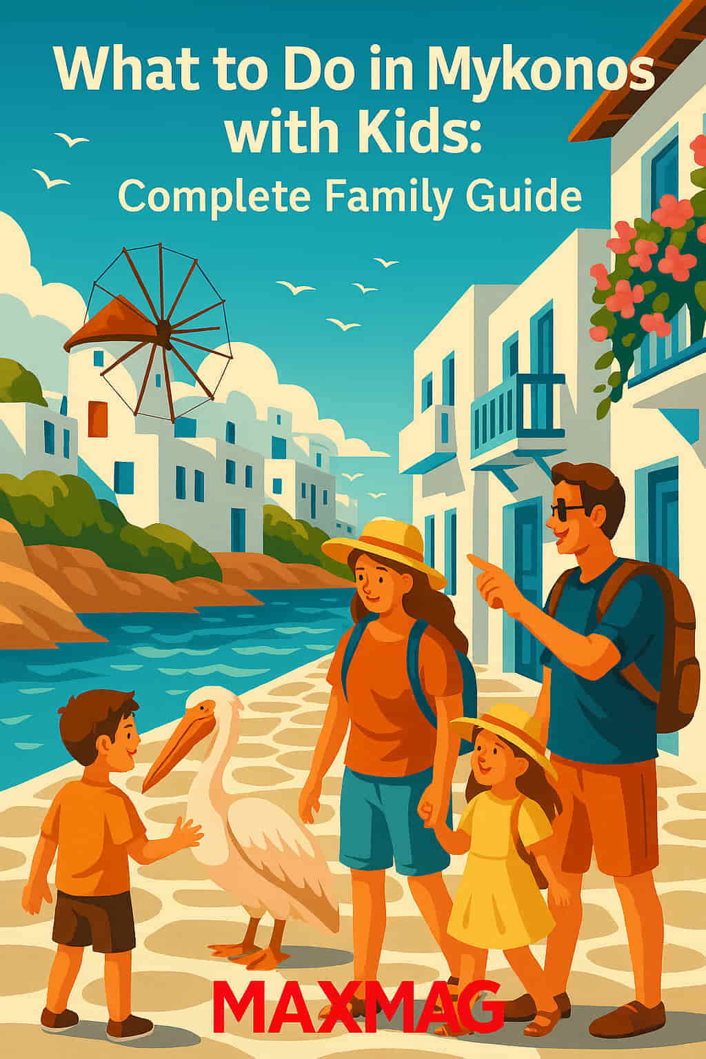 Illustrated family travel poster showing a smiling family exploring Mykonos with children; background features iconic windmills, whitewashed buildings, and a seaside setting. The red MAXMAG logo appears clearly at the bottom center, enhanced by a subtle blur in the background for emphasis.