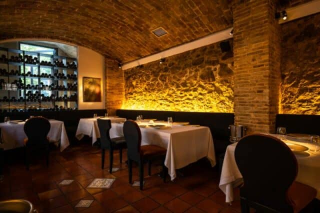 Modern dining space at Spondi restaurant in Athens.