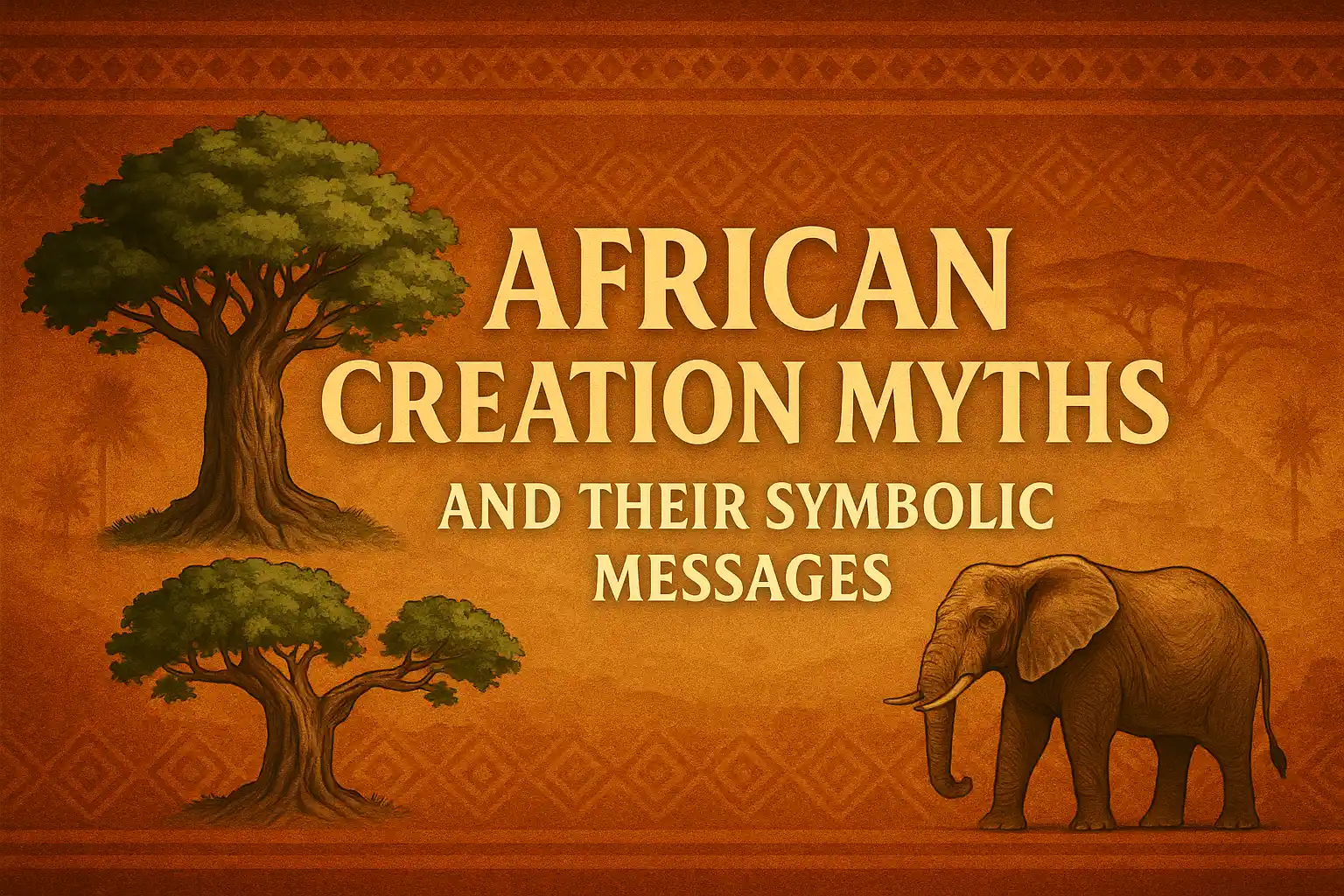 Digital illustration of the title "African Creation Myths and Their Symbolic Messages" with traditional African patterns, earthy colors, and mythological imagery representing gods, nature, and ancient wisdom.