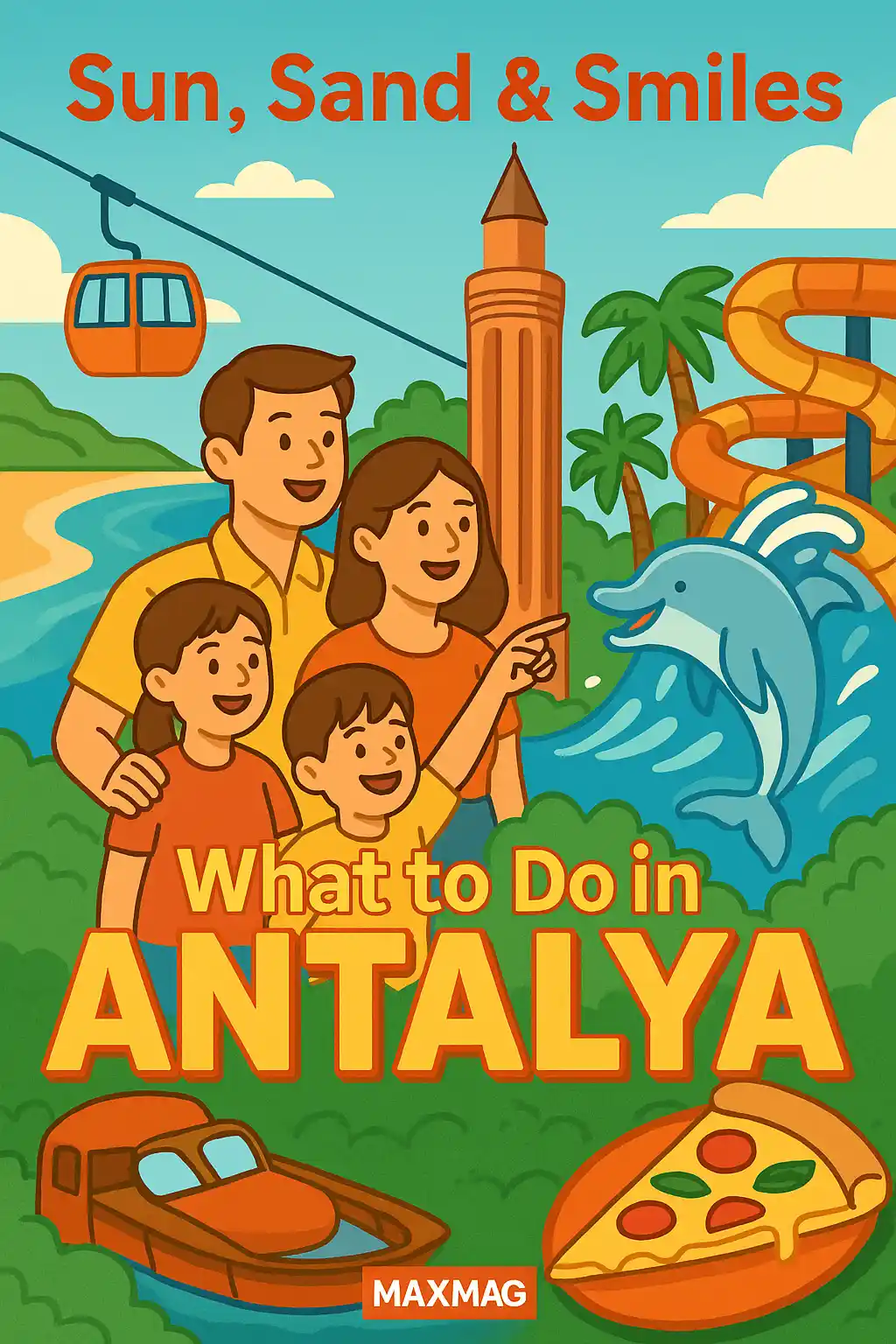 Colorful illustration of a family enjoying Antalya with icons like the Yivli Minaret, cable car, dolphin slide, pizza, and beach, with MAXMAG logo at the bottom.