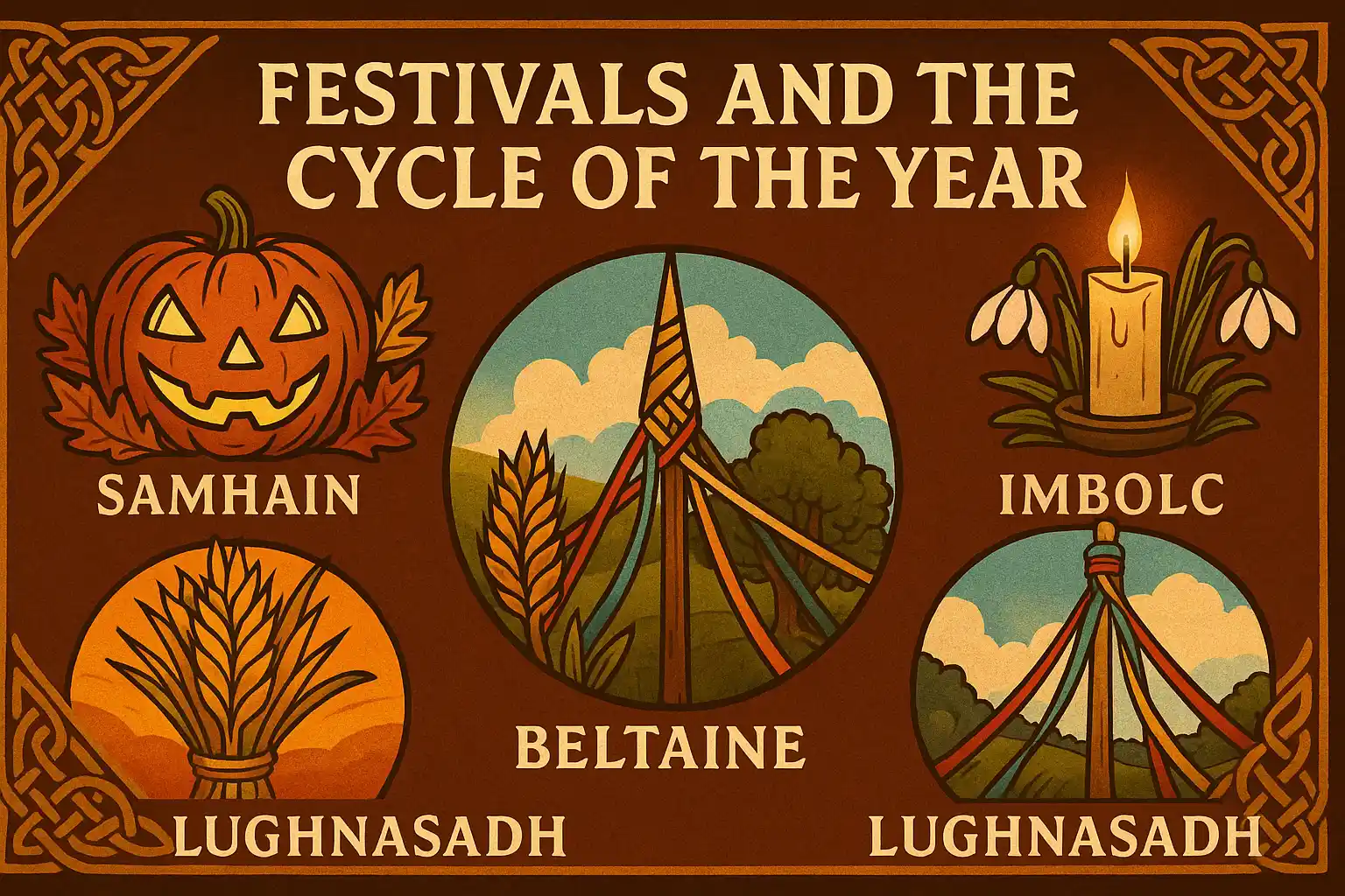 A digital illustration titled "Festivals and the Cycle of the Year," featuring symbolic representations of Celtic seasonal festivals like Samhain, Imbolc, Beltane, and Lughnasadh, encircling a wheel of the year design.