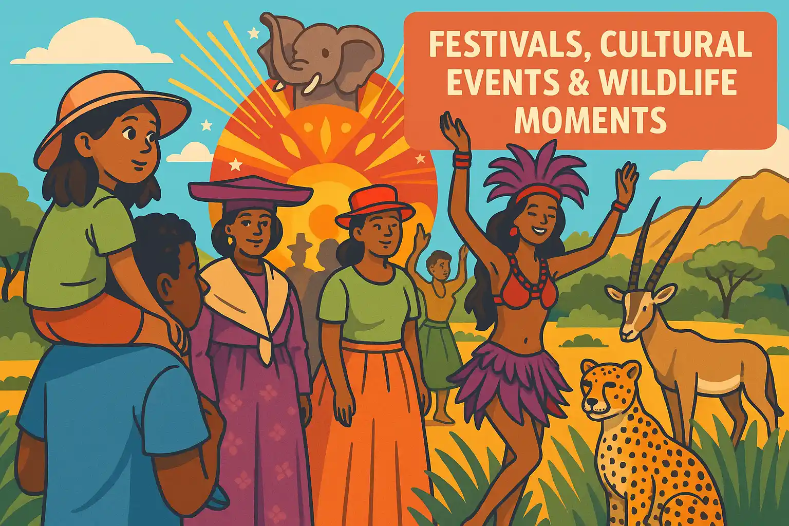 A colorful digital illustration captures a lively daytime scene in Namibia featuring families enjoying traditional music and dance at a local cultural festival, children watching wildlife in Etosha National Park, and decorative tents representing various tribal events.