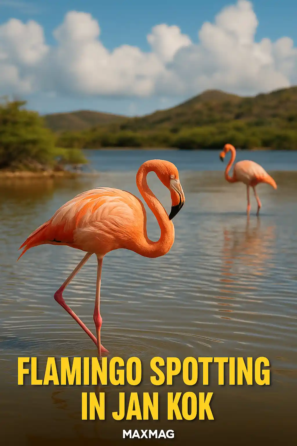 Flamingos wading in the shallow salt flats of Jan Kok, Curaçao, with vibrant skies and natural wetlands in the background.