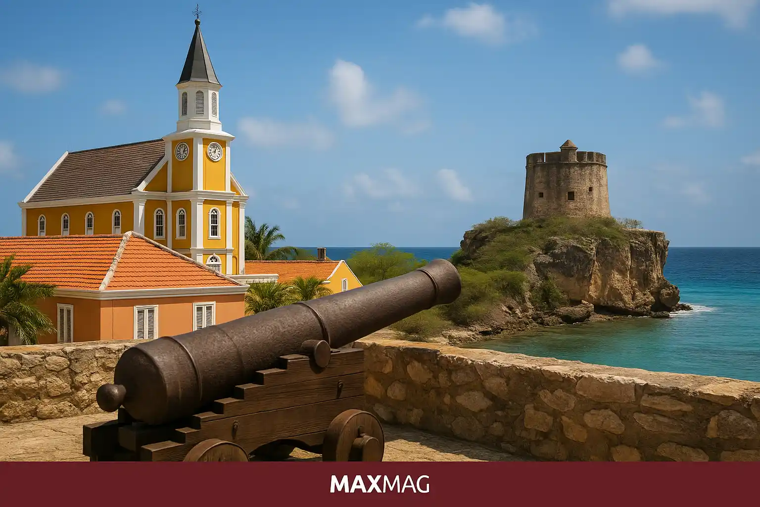 A scenic view of Fort Amsterdam and Fort Beekenburg in Curaçao, showcasing historic stone walls, watchtowers, and lush coastal surroundings under a bright Caribbean sky.