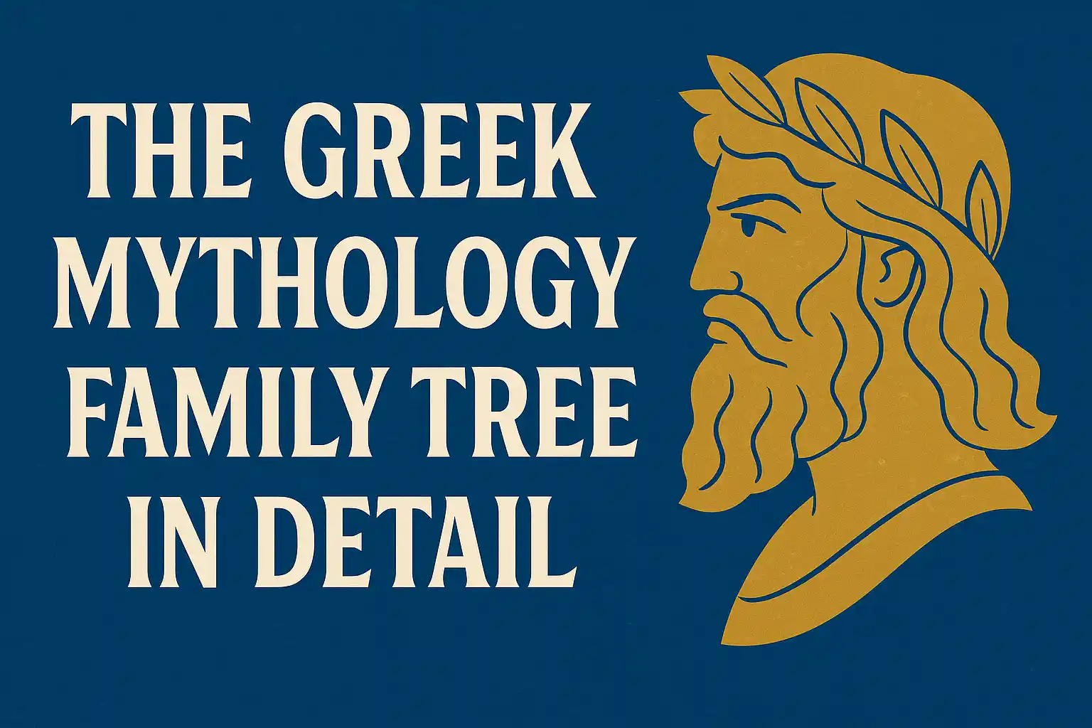 Thumbnail image with the title "The Greek Mythology Family Tree in Detail" in bold off-white letters on a blue background, featuring a golden bust of Zeus wearing a laurel crown.