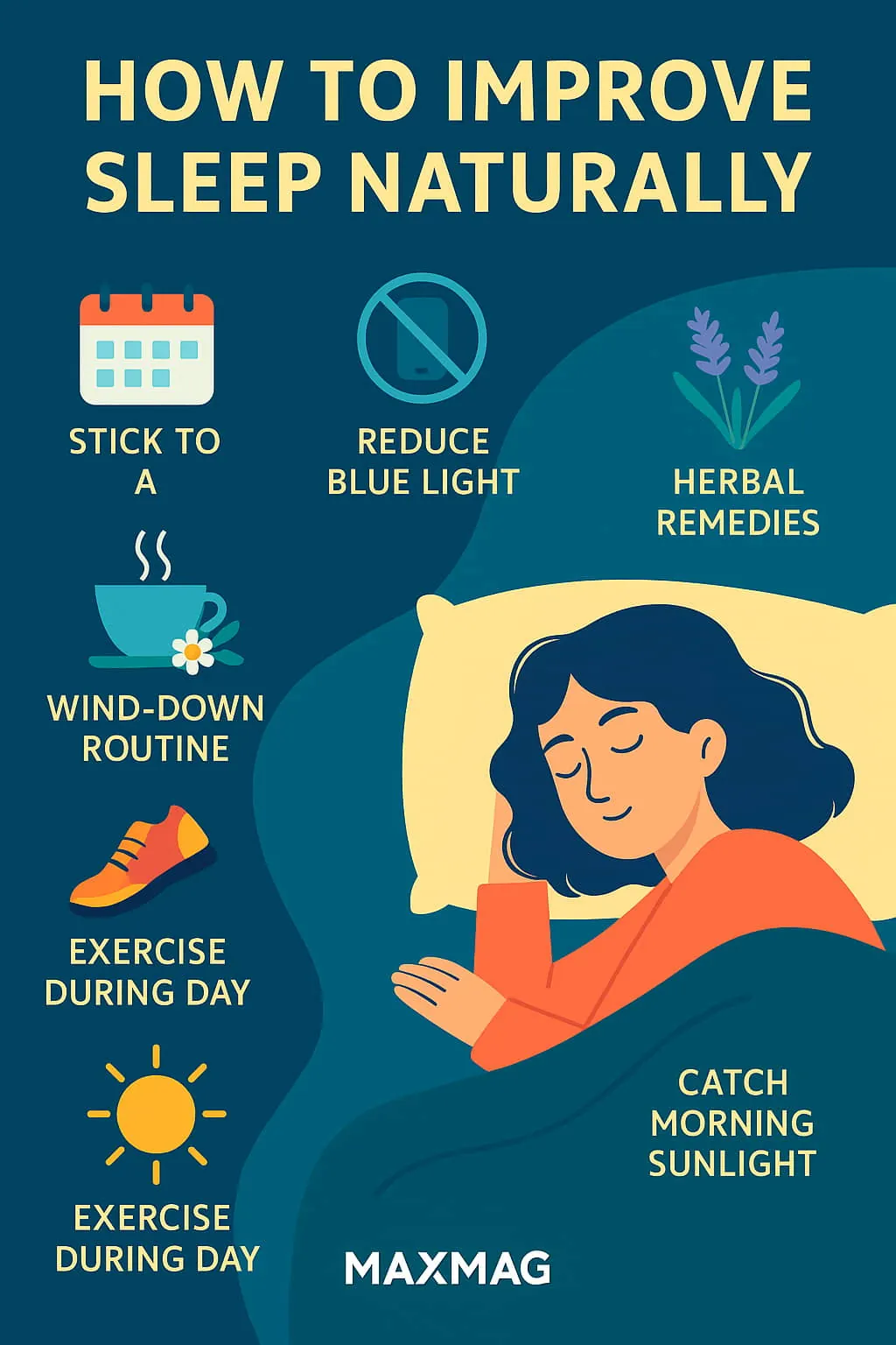 Colorful infographic titled "How to Improve Sleep Naturally" featuring a woman sleeping peacefully, surrounded by six icons representing tips like reducing blue light, using herbal remedies, and catching morning sunlight. The MAXMAG logo appears at the bottom center.