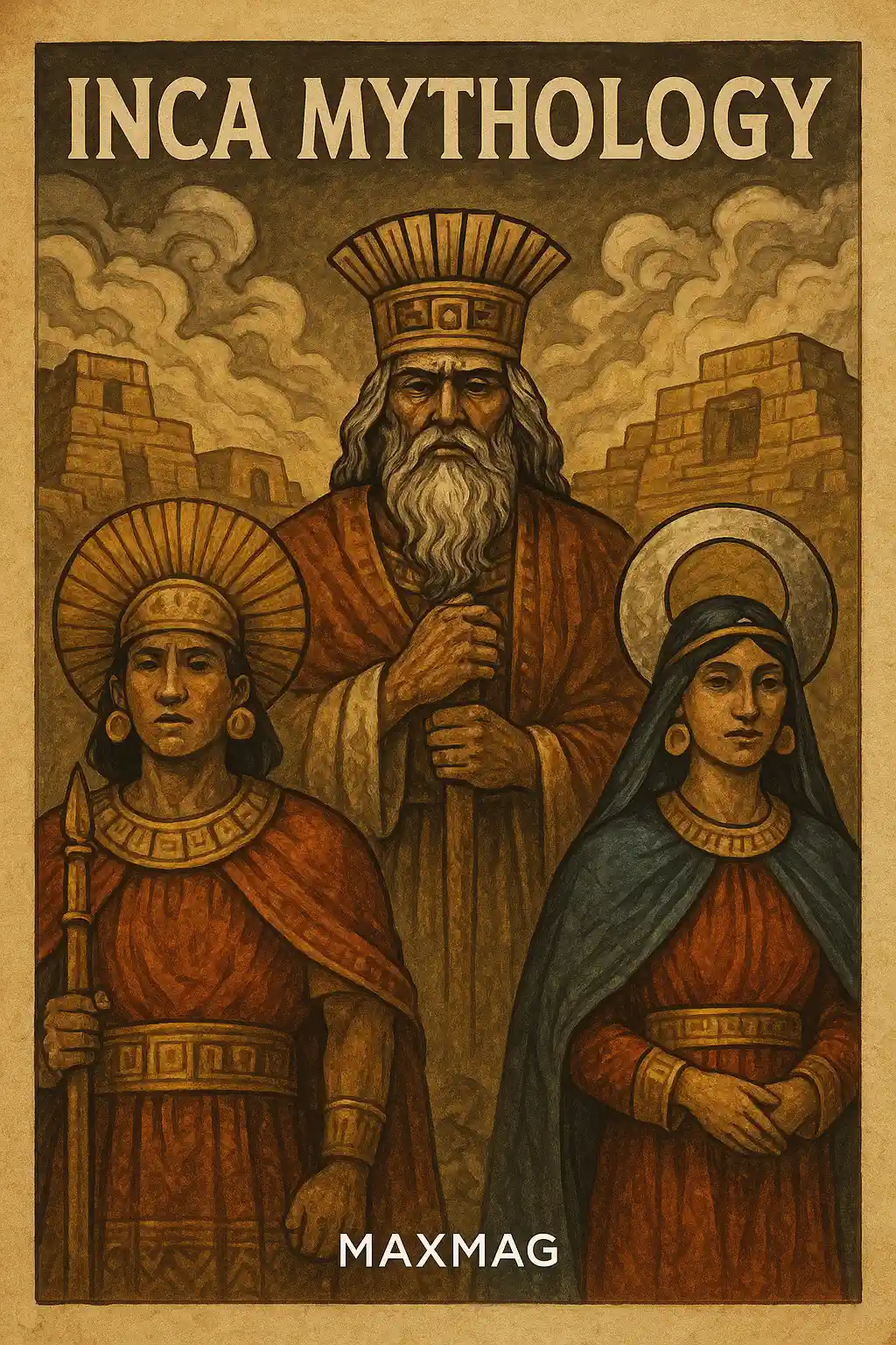 Traditional painting of three Inca deities—Viracocha, Inti, and Mama Quilla—set against ancient stone ruins. Viracocha stands in the center with a long beard and golden headdress, Inti on the left holds a spear and wears sun-themed armor, and Mama Quilla on the right is draped in a blue cloak with a lunar halo.