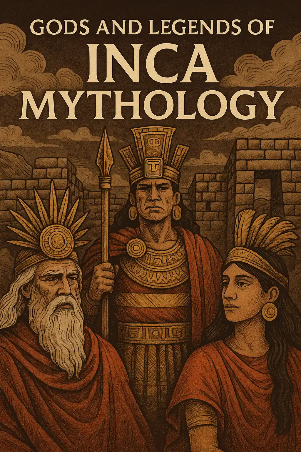 Illustration of three Inca deities in traditional attire, set against ancient stone architecture and swirling clouds, symbolizing the divine figures of Inca mythology.