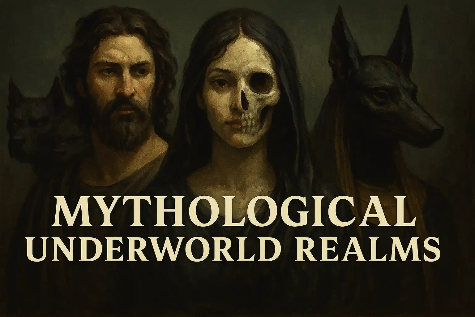 Thumbnail image featuring mythological figures Hades, Hel, and Anubis. Hades stands with Cerberus, Hel has a half-skeletal face, and Anubis wears a golden collar. The title 'Mythological Underworld Realms' appears in bold letters across the center.