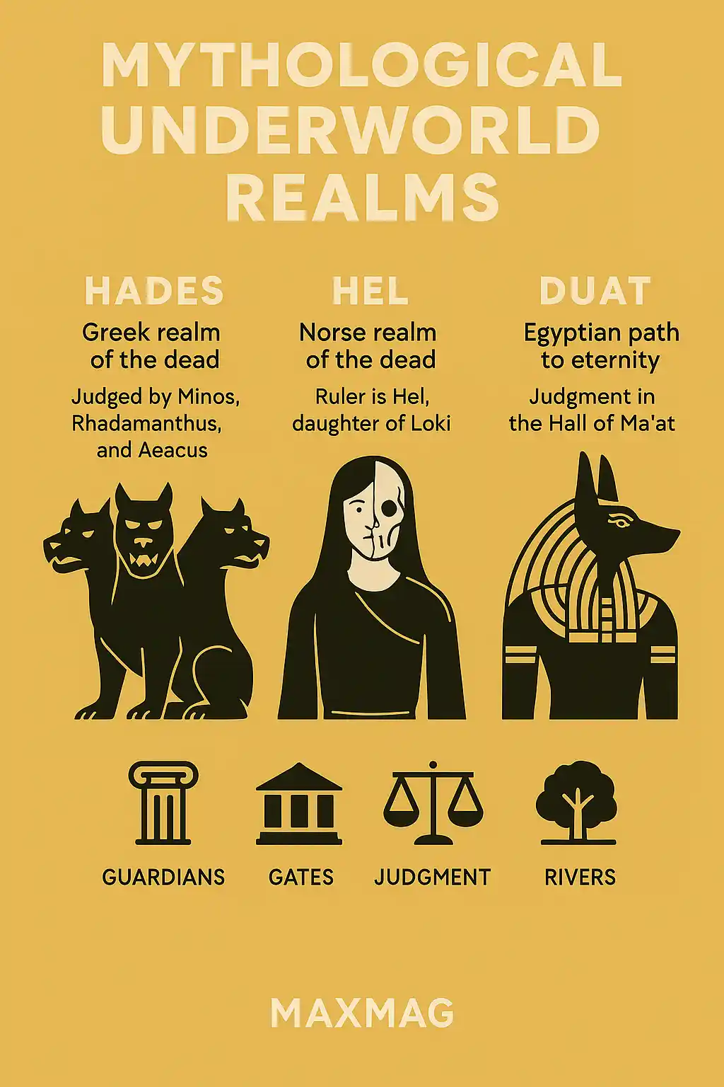 Infographic titled 'Hel: The Cold Embrace of Norse Cosmology' featuring a half-skeletal female figure representing the Norse goddess Hel. Surrounded by Norse knotwork border, the image includes three bullet points describing her origin, her realm in Niflheim, and the characteristics of the underworld. The MAXMAG logo appears at the bottom.