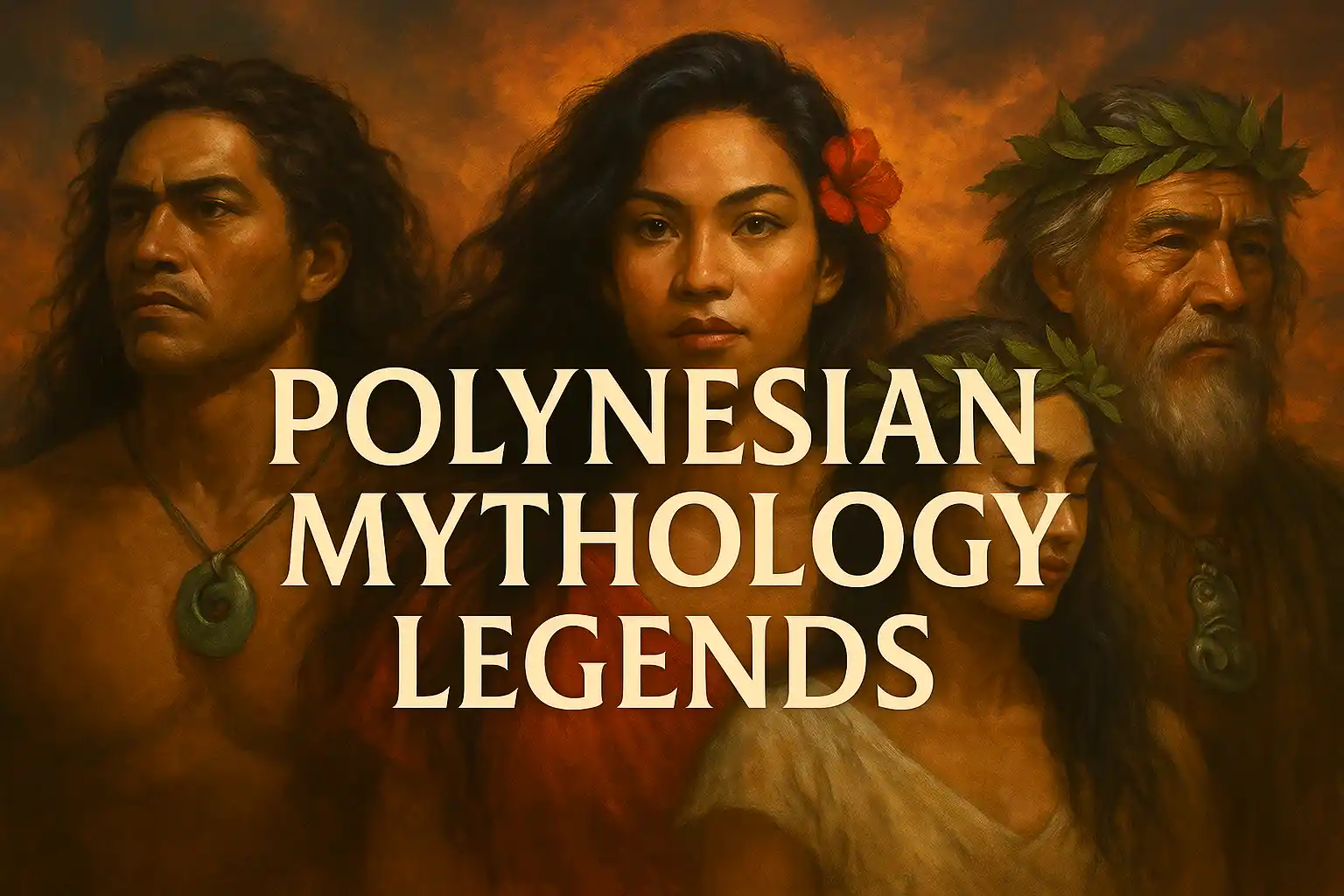 Digital painting titled "Polynesian Mythology Legends" featuring symbolic imagery of Polynesian gods, ocean waves, volcanic islands, and traditional tattoo patterns, representing the spiritual and cultural depth of Pacific Island mythology.
