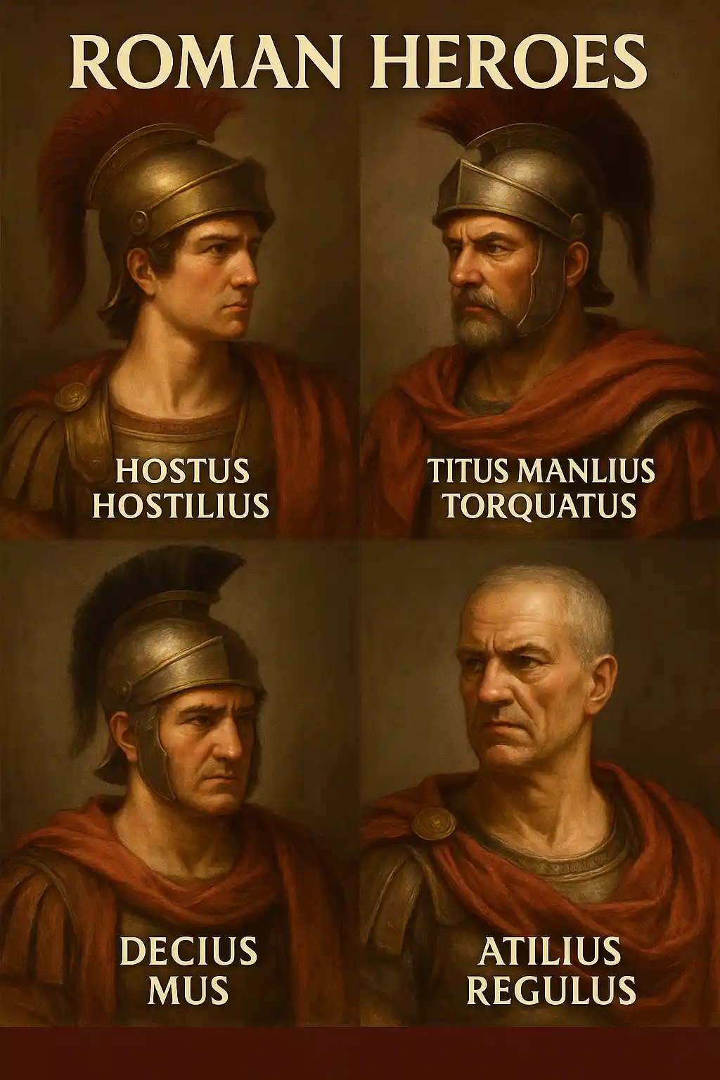 Classical-style digital painting featuring four Roman heroes—Hostus Hostilius, Titus Manlius Torquatus, Decius Mus, and Atilius Regulus—each depicted in a separate quadrant with traditional Roman armor, dramatic lighting, and a historical backdrop.