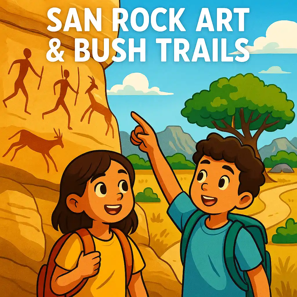 A colorful digital illustration showing two children observing ancient San rock art on a cave wall, surrounded by rugged Namibian bush landscape with winding trails and rocky terrain.