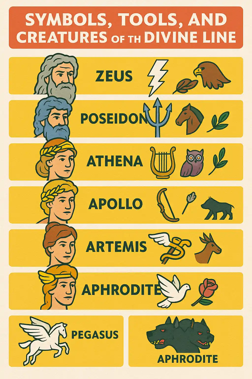 Infographic titled "Symbols, Tools, and Creatures of the Divine Line," featuring illustrated portraits of major Greek gods—Zeus, Poseidon, Athena, Apollo, Artemis, Aphrodite—and their associated symbols like the thunderbolt, trident, lyre, owl, dove, and mythical creatures such as Pegasus and Cerberus.