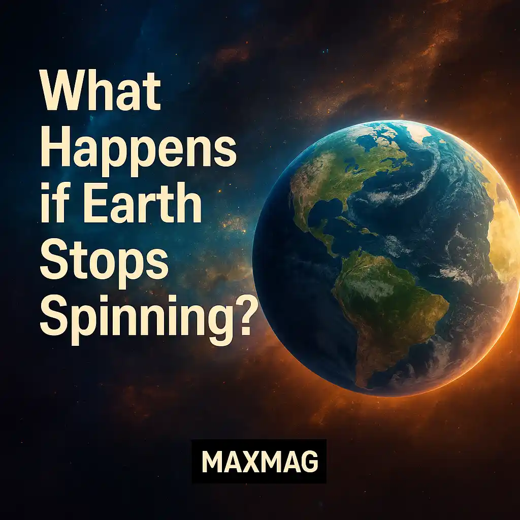 Digital graphic featuring a split Earth with motion arrow and the bold title "What Happens If Earth Stops Spinning?" Includes four short explanations about atmospheric chaos, geographic disruption, temperature extremes, and magnetic field collapse. Maxmag logo is centered at the bottom.