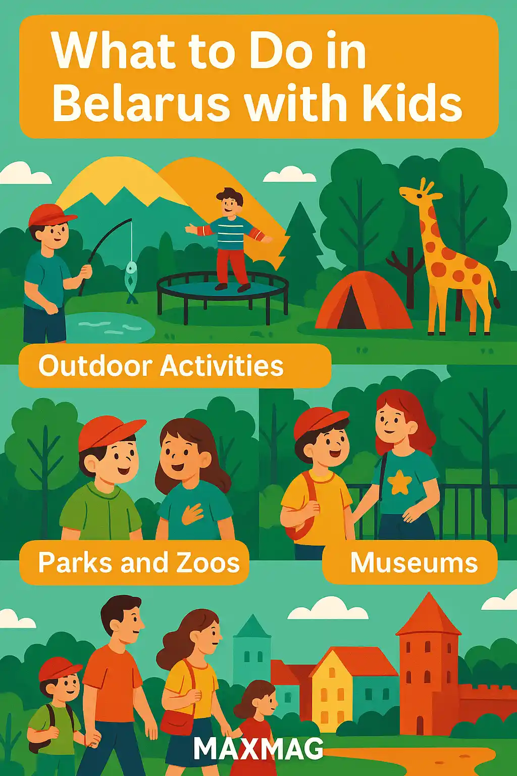 Colorful digital thumbnail showing happy children exploring Belarus landmarks like forests, castles, and lakes, with the title “Exploring Belarus with Kids” and the MaxMag logo at the bottom.