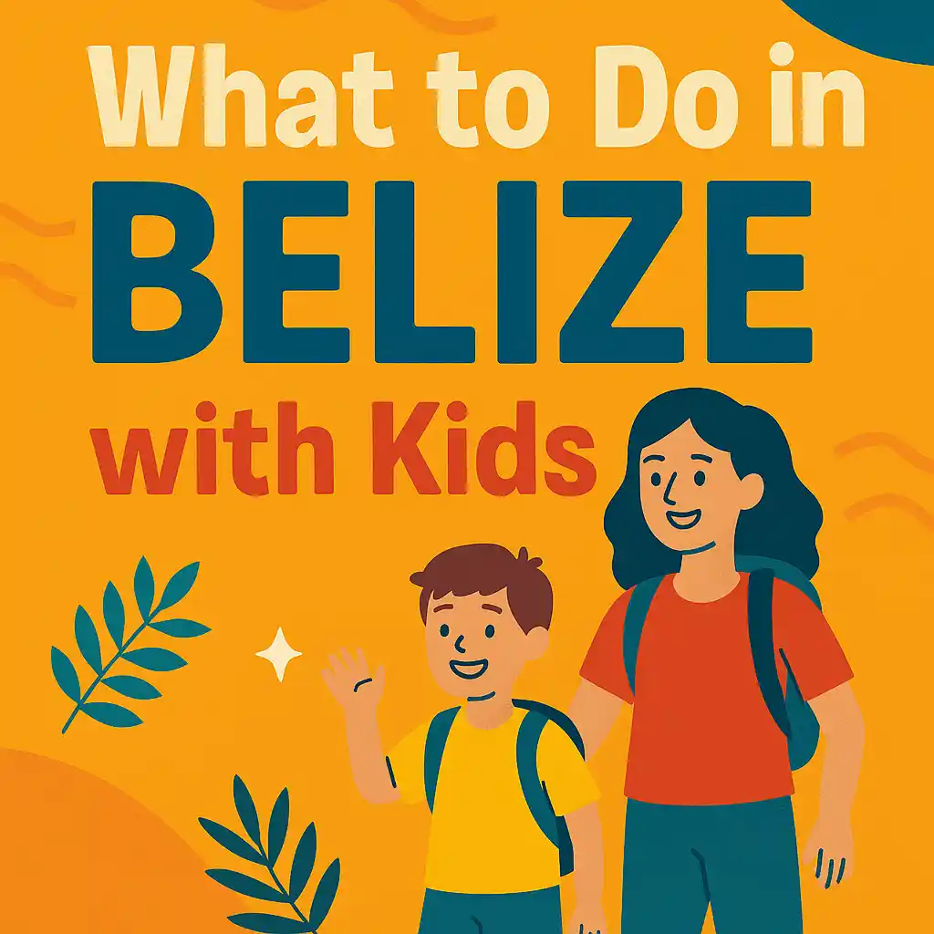 "Illustrated tropical beach scene with family and children in Belize, designed as a thumbnail for a family travel article. Includes palm trees, clear skies, and playful kids."