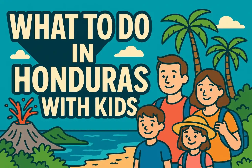 A vibrant, colorful digital illustration promoting family travel in Honduras. The thumbnail features palm trees, a bright sun, playful waves, and a smiling family holding snorkels and backpacks. The MaxMag logo appears at the bottom center.