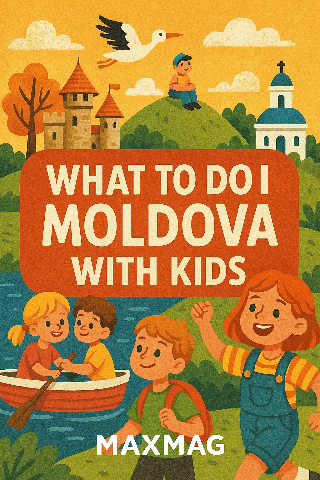 Colorful digital illustration in Moldovan folk-art style showing family-friendly activities like nature walks, museum visits, and city exploration; includes the title âWhat to Do in Moldova with Kidsâ and the MaxMag logo at the bottom center.