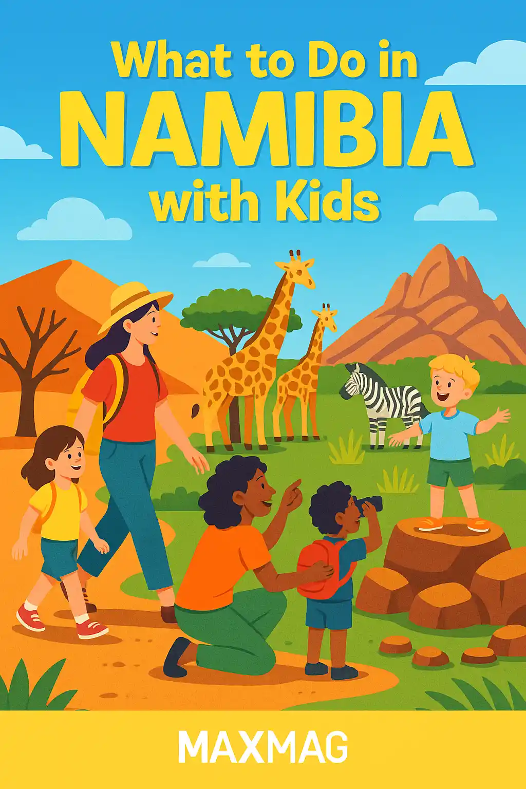 A colorful digital thumbnail illustration for a travel article about Namibia with kids, showing four main attractions including desert dunes, wildlife, coastal towns, and cultural landmarks. The Maxmag logo is centered at the bottom.