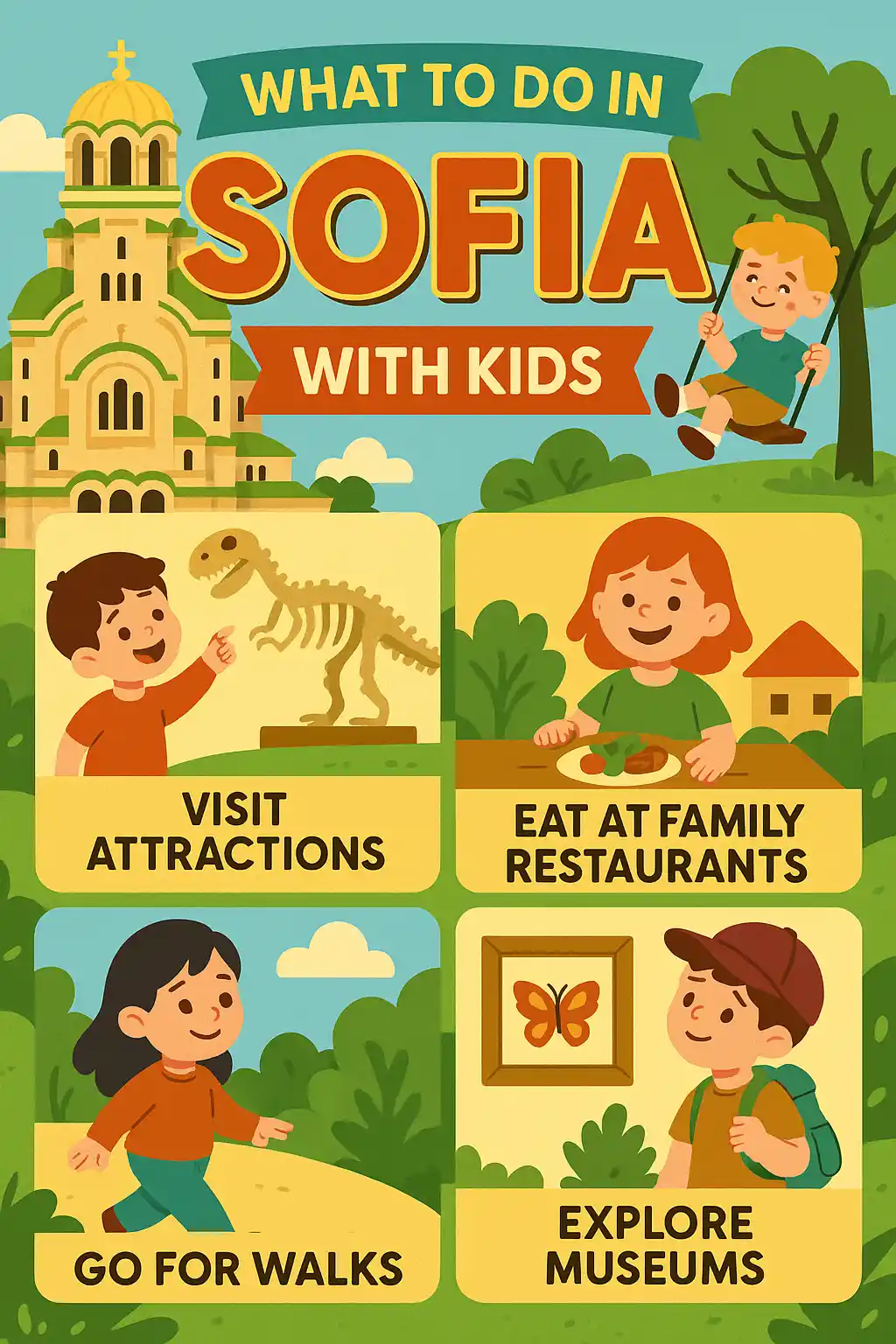 Colorful illustrated infographic titled “What to Do in Sofia with Kids” featuring playful children, Sofia’s iconic cathedral, and four family-friendly activities: visit attractions, eat at family restaurants, go for walks, and explore museums. Set against a cheerful nature backdrop with trees and hills.