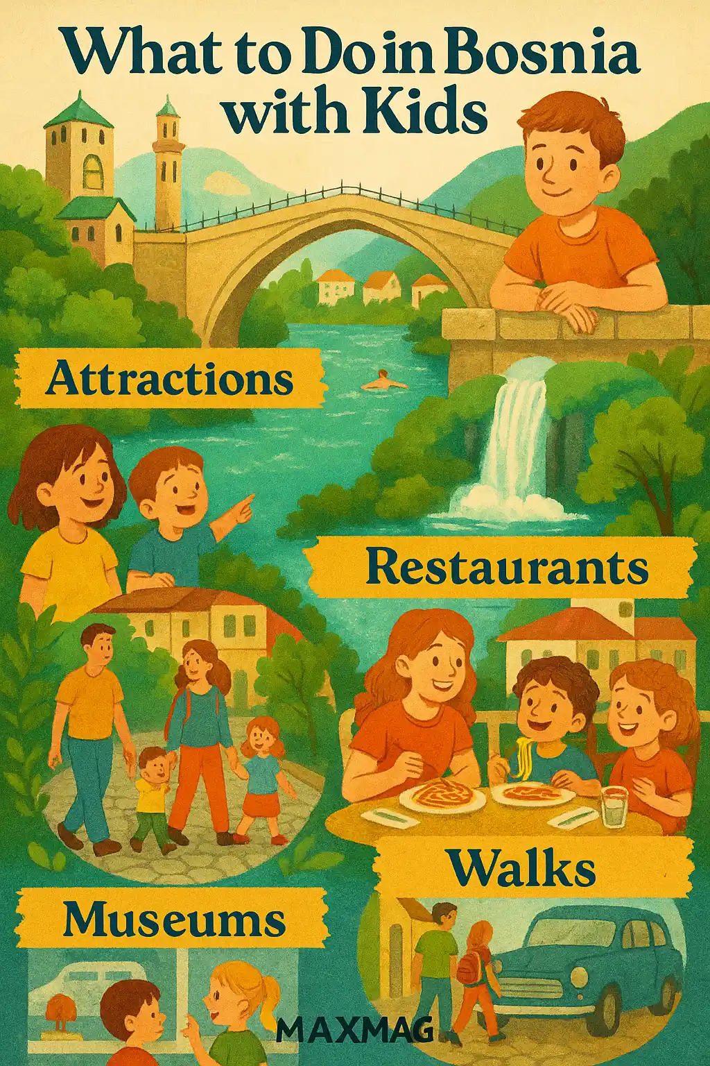 Colorful illustrated thumbnail showing family-friendly activities in Bosnia with scenic mountains, rivers, castles, and local life; “Top Kids Activities Bosnia Offers” title on top and MaxMag logo at the bottom center.