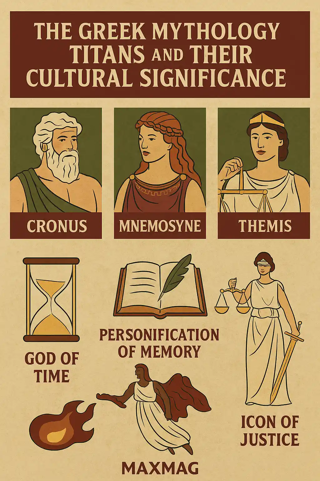 Infographic titled "The Greek Mythology Titans and Their Cultural Significance" featuring illustrated portraits of Cronus, Mnemosyne, and Themis, with symbolic representations of time, memory, and justice on a parchment background, and the MAXMAG logo at the bottom.