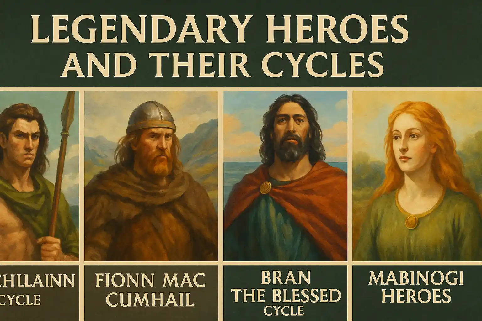A digital painting illustration titled "Legendary Heroes and Their Cycles" depicting iconic Celtic heroes such as Cú Chulainn and Fionn mac Cumhaill in dramatic, mythological settings.