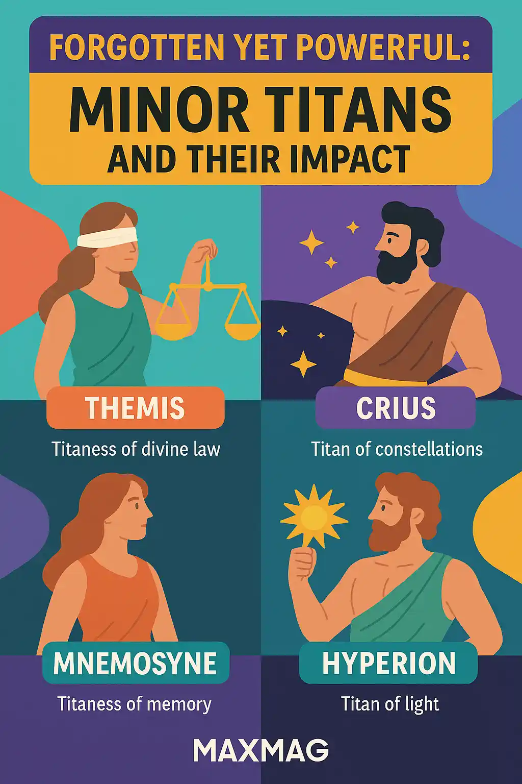 Vibrant and colorful infographic titled "Forgotten Yet Powerful: Minor Titans and Their Impact," featuring stylized illustrations of lesser-known Titans like Astraeus, Eos, and Leto, surrounded by symbolic elements such as stars, light rays, and moons, with the MAXMAG logo at the bottom center.