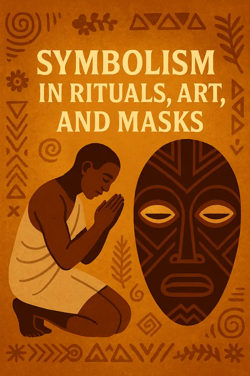 Digital illustration with the title "Symbolism in Rituals, Art, and Masks," featuring African ceremonial masks, sacred patterns, and symbolic colors used in traditional rituals and cultural art forms.