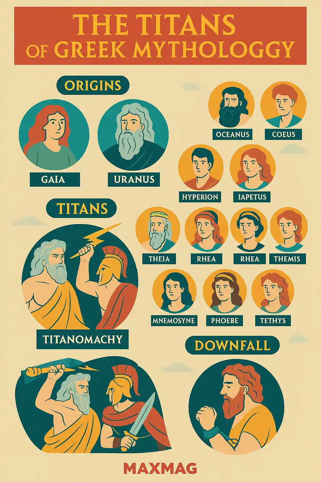 Colorful infographic titled "The Titans of Greek Mythology" featuring illustrated portraits of Gaia, Uranus, the twelve Titans, scenes from the Titanomachy, and the Titans’ downfall, all set against a parchment-style background with the MAXMAG logo at the bottom.