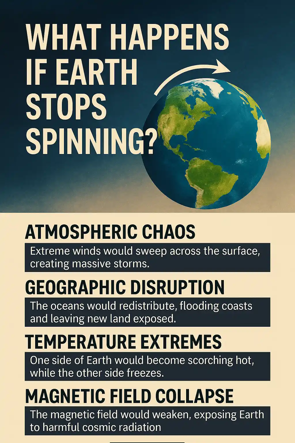 Informative graphic illustrating the consequences if Earth stops spinning, including extreme winds, ocean redistribution, temperature extremes, and magnetic field collapse, with a globe image and Maxmag logo at the bottom center.