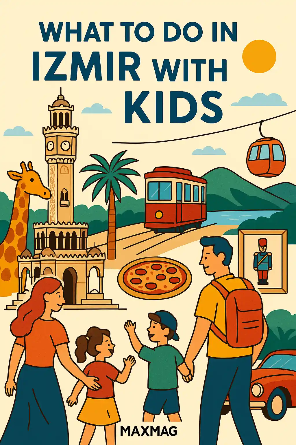 Illustrated family exploring Izmir, featuring the Clock Tower, red tram, giraffe from Izmir Wildlife Park, Balçova cable car, pizza, and MAXMAG logo.