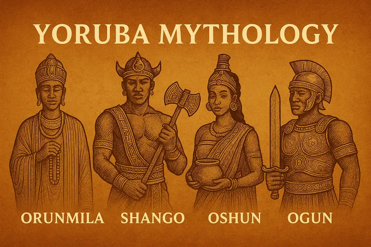 Yoruba Mythology title with central figures of Orisha gods including Obatala, Shango, and Yemoja beneath it, illustrated in traditional West African style