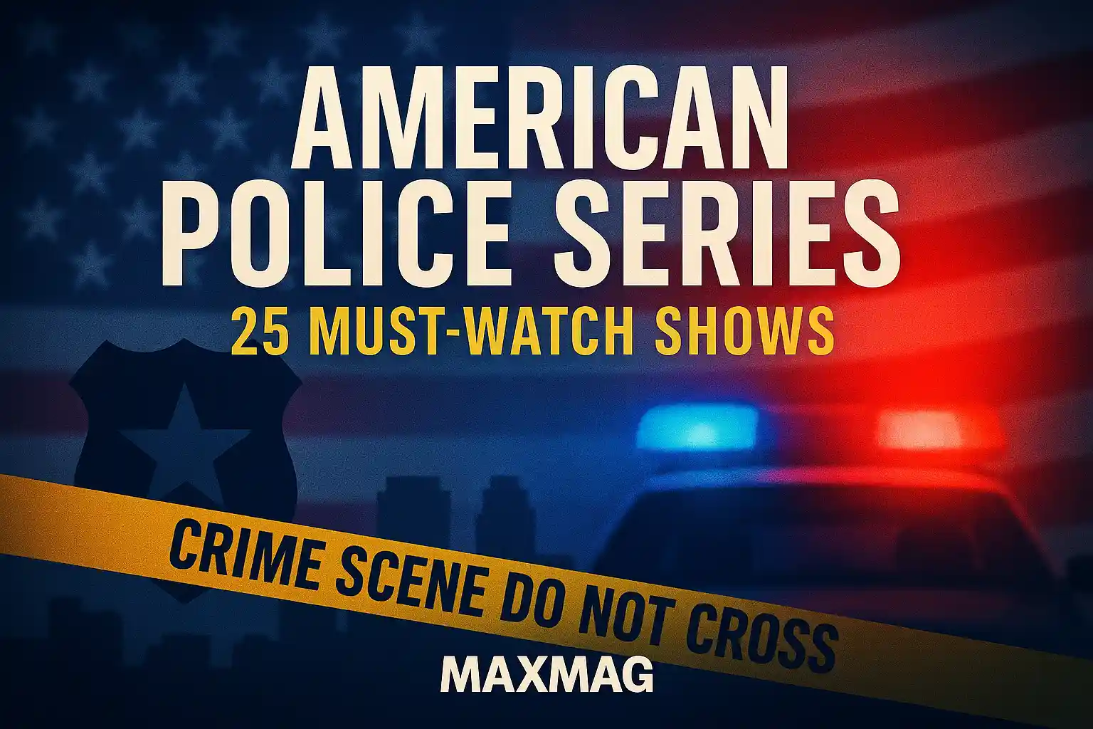 “American Police Series” thumbnail with bold title over a blurred U.S. flag, blue/red patrol-car lights, a badge silhouette, diagonal “CRIME SCENE DO NOT CROSS” tape, and MAXMAG logo.