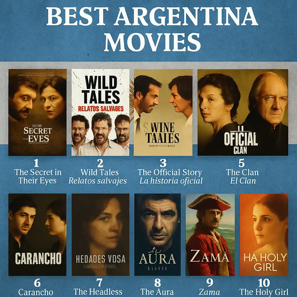 Visual collage featuring the top 10 Argentina movies, including The Secret in Their Eyes, Wild Tales, The Official Story, Zama , and more