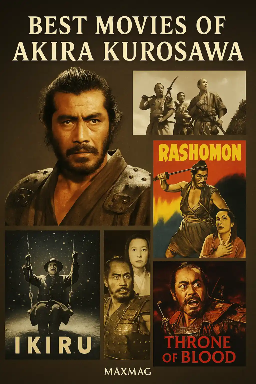 "Collage of the best movies of Akira Kurosawa featuring Toshiro Mifune and iconic film posters from Seven Samurai, Rashomon, Ran, and Yojimbo, with Maxmag branding."