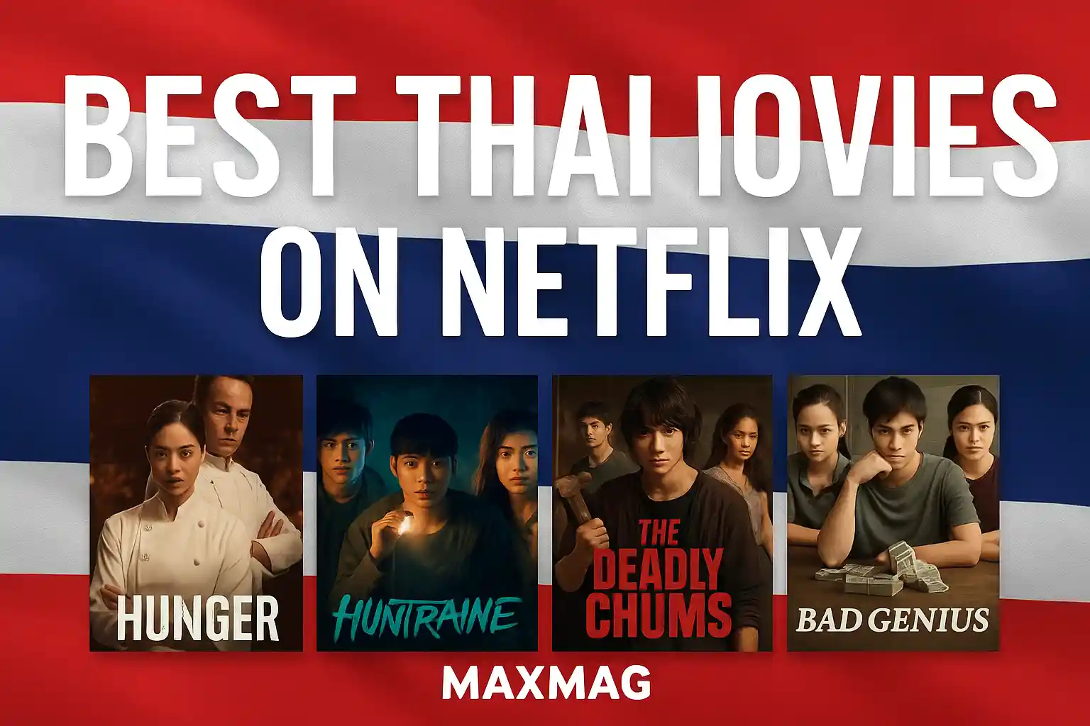 Thumbnail with Thailand flag background, real movie posters from Thai films on Netflix, bold white title “Best Thai Movies on Netflix,” and Maxmag logo at bottom center.