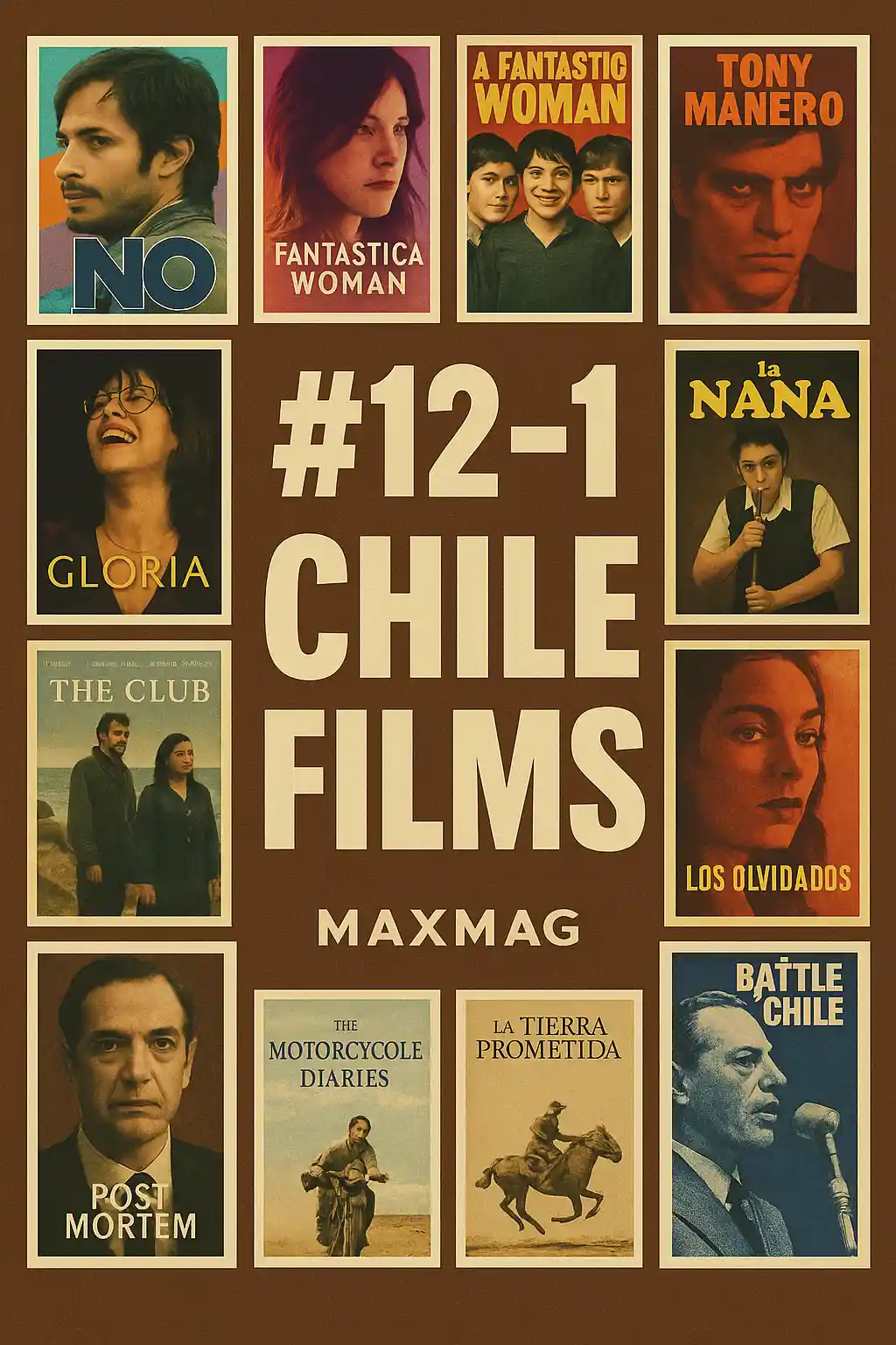 Vintage-style collage for Chile Films entries #12–#1, featuring twelve Chilean movie posters arranged around bold cream text and Maxmag branding on a brown background.