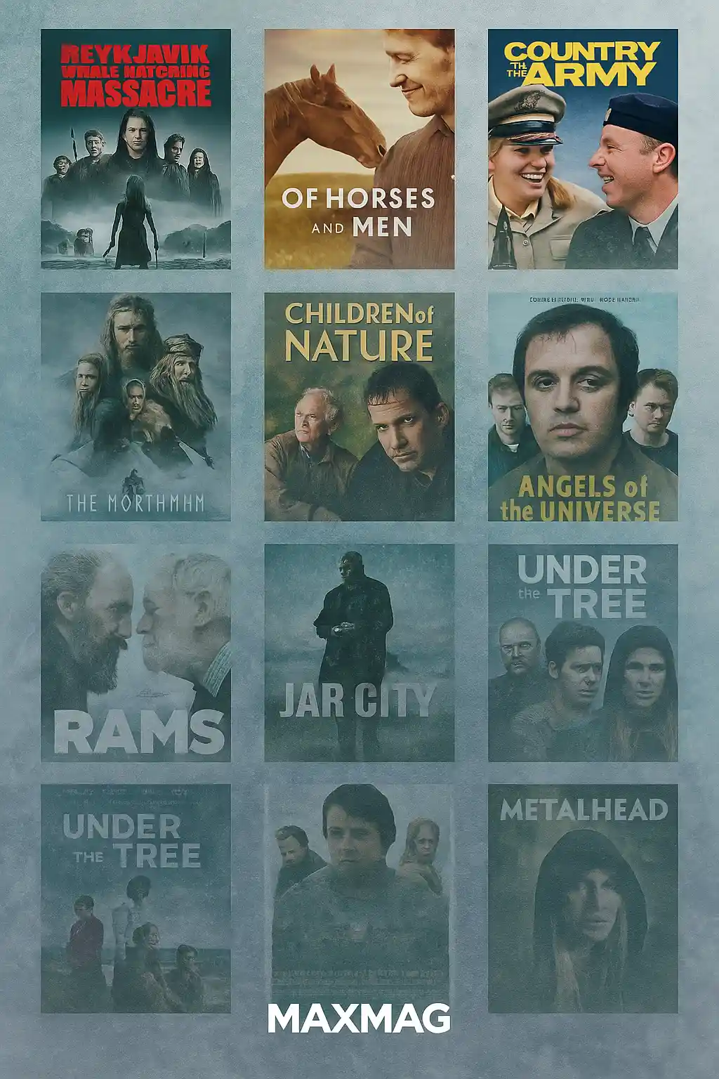 Digital collage featuring ten posters from Icelandic films ranked 11 to 20, designed with a cold-toned Icelandic aesthetic and “Maxmag” logo at the bottom center.