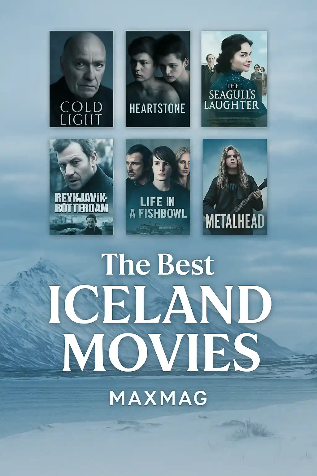 Digital promotional graphic featuring six Icelandic movie posters from films ranked 20 to 25, with a cold, cinematic Icelandic backdrop and “Maxmag” branding at the bottom center.