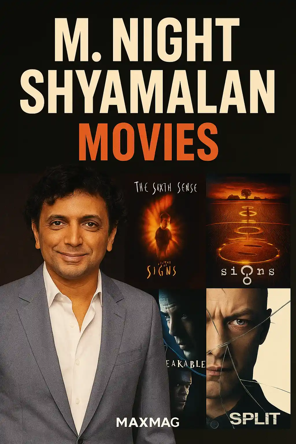 Thumbnail for "M. Night Shyamalan Movies" featuring the director smiling in a suit, with posters from The Sixth Sense, Signs, Unbreakable, and Split arranged beside him, title at top, and Maxmag branding at bottom center.