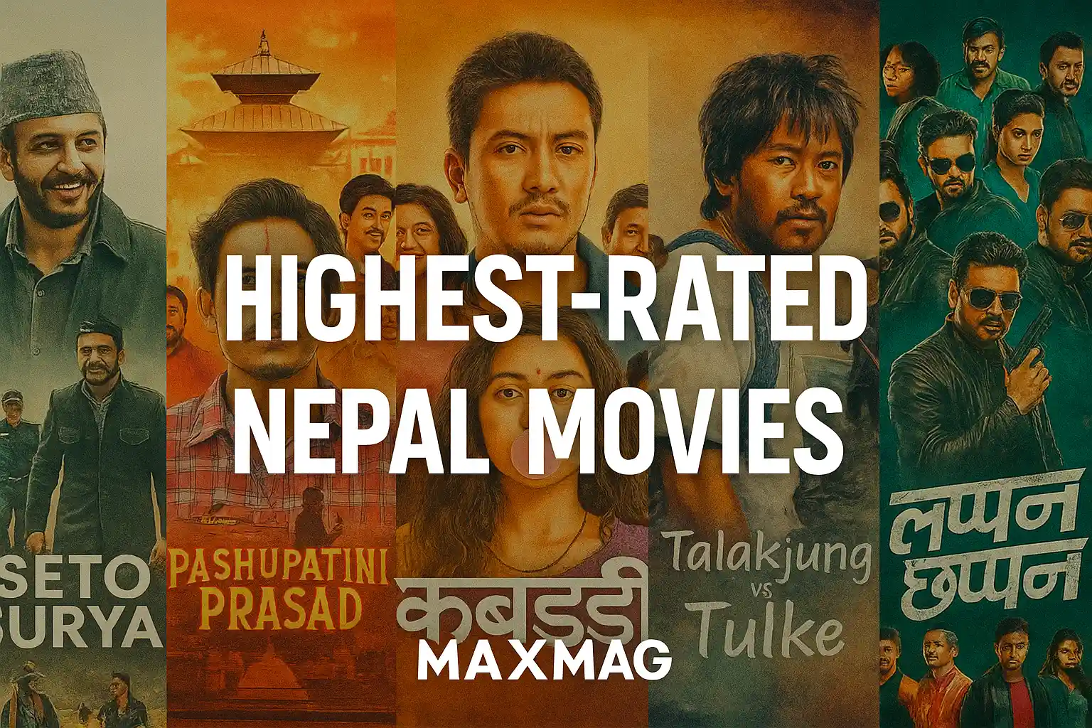 Collage of top-rated Nepal movie posters with bold title “Highest-Rated Nepal Movies” in white text at the center and Maxmag logo at the bottom center.