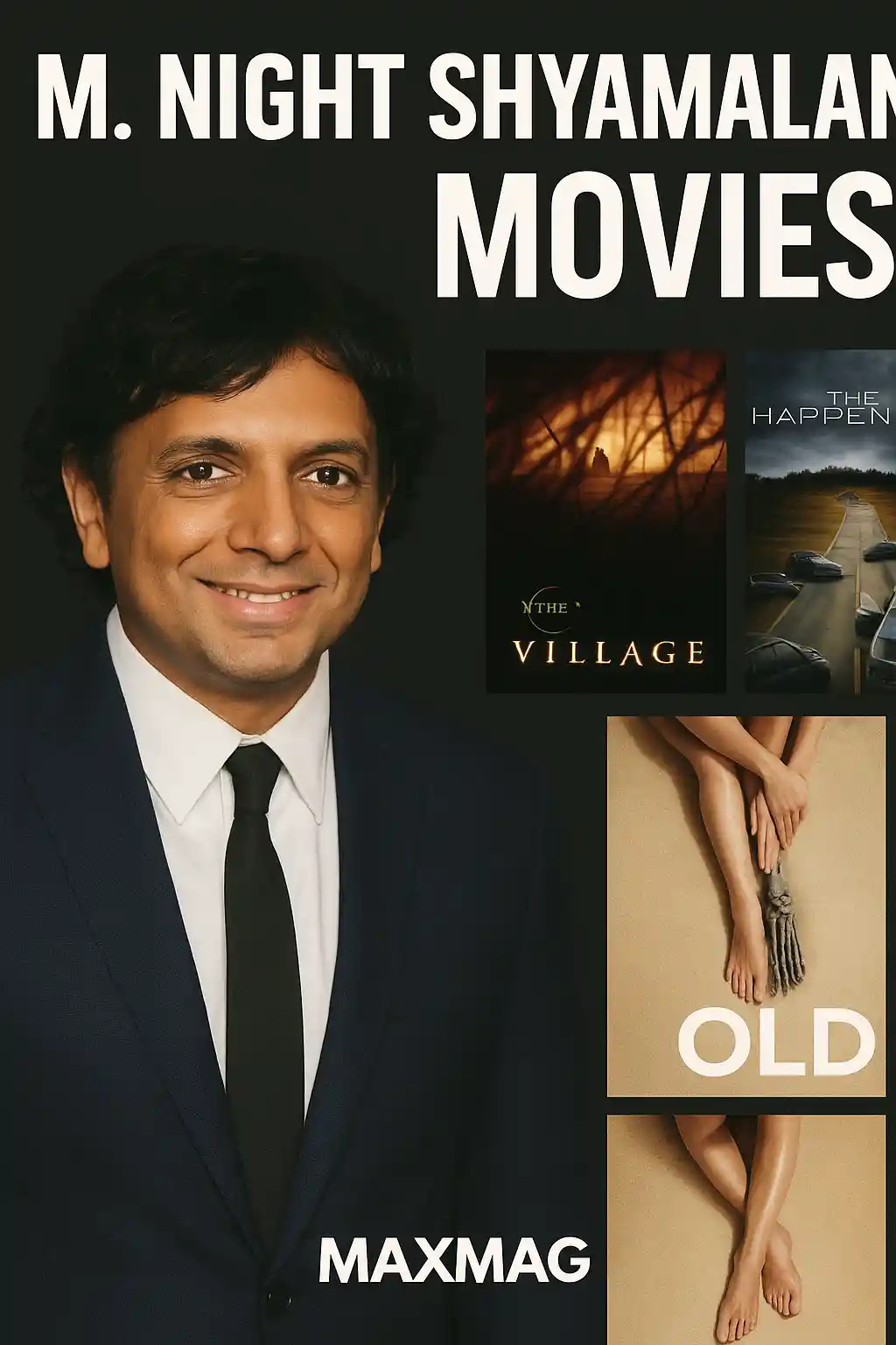 Thumbnail for "M. Night Shyamalan Movies" featuring the director in a navy suit, smiling, with clearly visible bold white title text at the top, movie posters from The Village, The Happening, and Old on the right, and Maxmag branding at the bottom center.