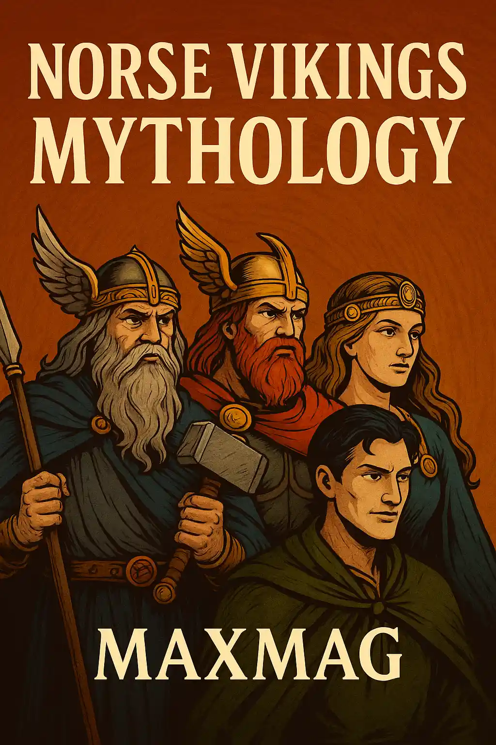 Illustrated poster featuring Norse gods Odin, Thor, Freyja, and Loki in classic attire with “Norse Vikings Mythology” at the top and “MAXMAG” at the bottom center.