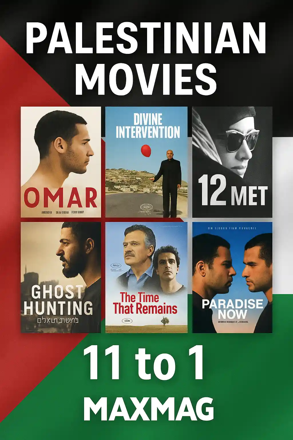 Collage of Palestinian movie posters ranked 11 to 1, set against the Palestinian flag background, with “Palestinian Movies” at the top and “11 to 1” plus Maxmag logo at the bottom center.