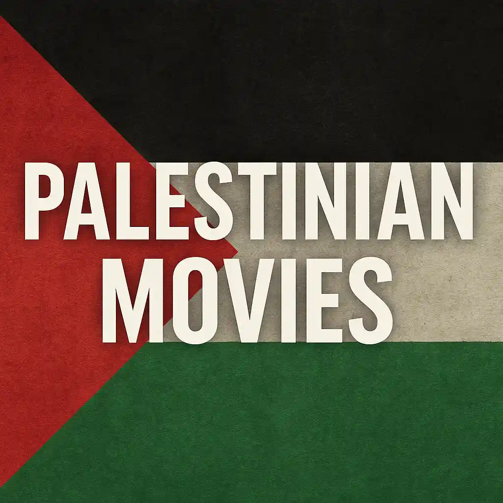 Bold white text reading "Palestinian Movies" over a textured Palestinian flag background in red, black, white, and green.