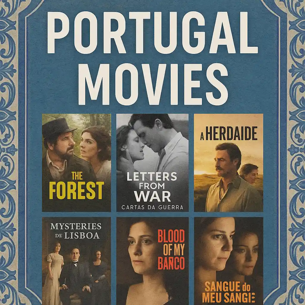 Thumbnail image for "Portugal Movies" article featuring six Portuguese film posters over a blue azulejo tile background, with the title "PORTUGAL MOVIES" at the top and "maxmag" at the bottom center.Visual thumbnail for the Portugal Movies article, showcasing iconic Portuguese films against a traditional tile-inspired background.